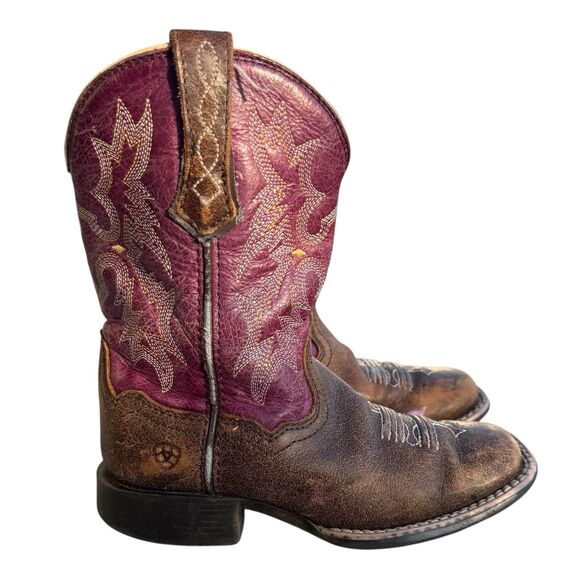 Ariat Western Boots Girls 10 Purple Leather Tombstone Wide Square Toe Embroidery - Picture 1 of 13